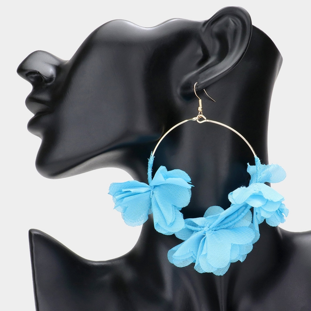 Turquoise Floral Fabric Dangle Hoop Earrings 4" Cluster Statement Jewelry Flower